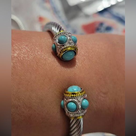 Designer Inspired Turquoise Stone Beads Tips Silver Cable Cuff Twist Bracelet - Picture 8 of 11
